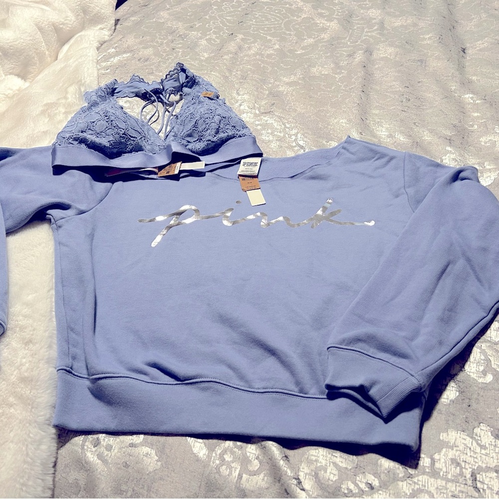 NWT PINK off-the-shoulder sweatshirt (M) & laced bra (XL) - Color - Periwinkle